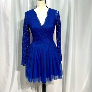 Teeze Me | Royal Royal Blue Lace and Tulle Long Sleeve Skater Dress - 3/4